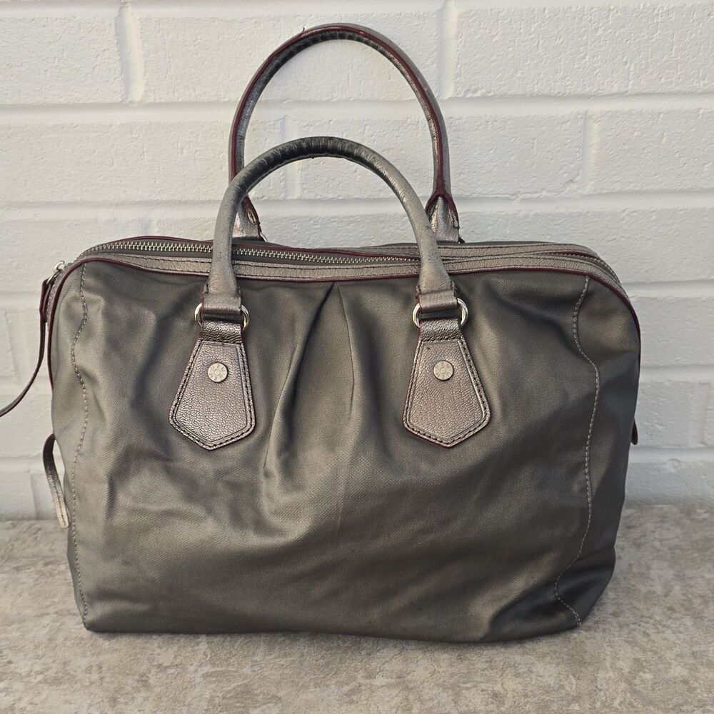 MZ Wallace Gray Satchel/Top Handle Bag Red Trim Pleated Zipper Accent